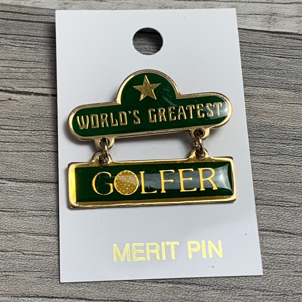 Worlds Greatest Golfer Merit Pin Green Gold Enamel Dangle Lapel Pin Vintage